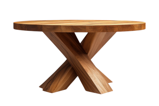 Elegant round wooden coffee table with a unique X shaped base showcasing rich brown tones and intricate wood grain details against a on transparent background