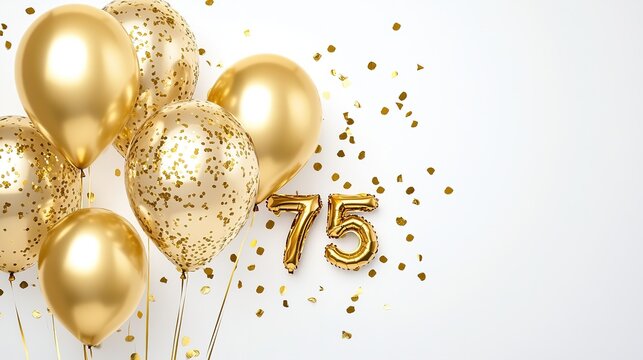 Gold Balloons with Number 75 Celebrate Birthday Anniversary. Festive Gold Confetti Decorates White Background. Ideal for Birthday Cards, Invitations, and Celebrations.