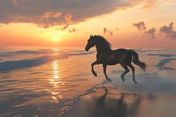 Horse running on beach at sunset.