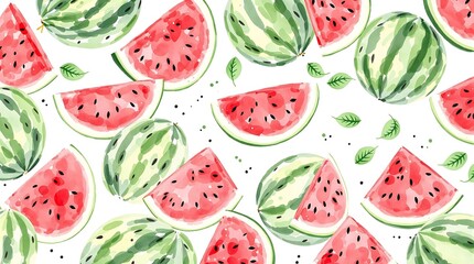 Hand-Drawn Watercolor Pattern Featuring Watermelons and Leaves on White Background