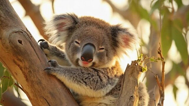 Sleepy koala in gum tree at sunset. Perfect for nature, wildlife, and relaxation themes.