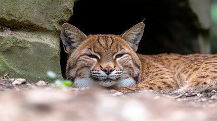 Obraz premium Captivatinglynxportraitinawoodlandsettingdepictingrelaxedwildlifewithitsintricatemarksandcalmingpresenceemphasizingwildlifecareandconservationofhabitats