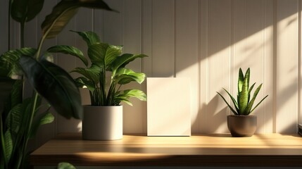 Fototapeta premium Sunlit indoor plants on wooden shelf