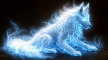 Fototapeta premium Luminous canine entity crafted from ethereal light and shadow an enigmatic wolf radiating spectral energy and glowing intensity on a dark backdrop