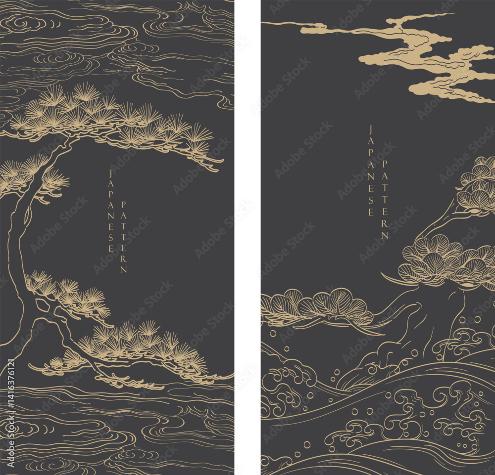 Wall mural japanese background with bonsai tree, wave and cloud element template vector. abstract pattern with 