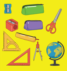 A colorful cartoon clipart illustration featuring essential school supplies. A purple backpack stands on the right, while a red pencil with an eraser, a yellow triangular ruler, and a stack of books