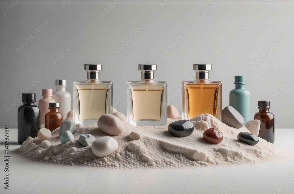 Aufkleber three perfume bottles in amber, yellow, and clear glass sit on a sand dune with assorted stones and 