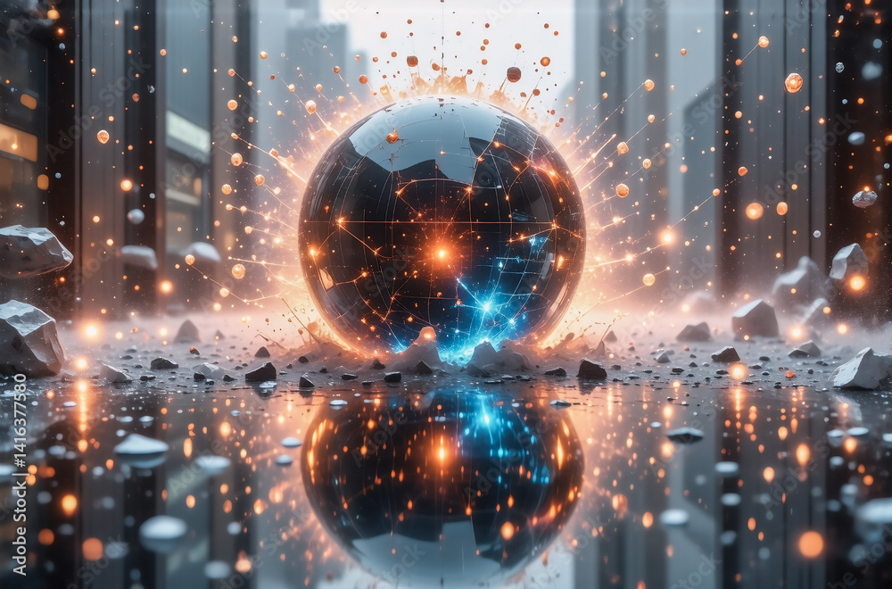 Leinwandbilder Image: A glowing orb of energy explodes amidst a modern cityscape with a reflective surface below, illuminating the environment. The energy radiates outward. The scene is dynamic and futuristic.