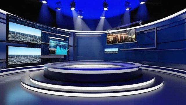 Virtual news studio set, circular stage, multiple screens, broadcasting, possible use in stock photo