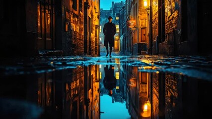 A lone figure stands in a narrow, wet, cobblestone alleyway at night, their reflection mirrored in a puddle. Warm light from buildings illuminates the scene - Powered by Adobe