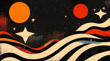 Abstract Cosmic Seascape with Planets, Stars, and Textured Waves, Serene Art