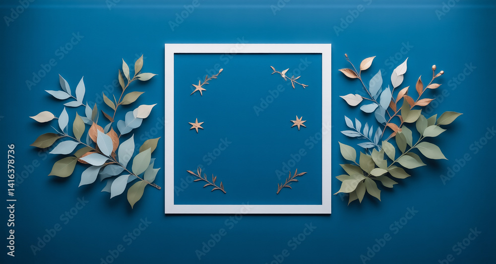 Aufkleber Here's a description and keywords:

A deep blue background with a white square frame. Decorative leafy branches, stars, and moons in gold and green are around the frame giving off a sense of elegance.