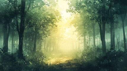 Obraz premium Walking Through a Foggy Forest Path with Sunlight and Green Trees