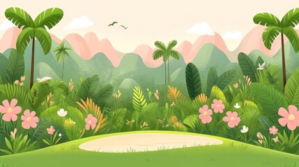 Fototapeta premium Enchantingpixelatedlandscapefeaturinglushvegetationtropicaltreesandmountainscreatingatrulyimmersiveandvisuallycaptivatinggamingbackdrop experience