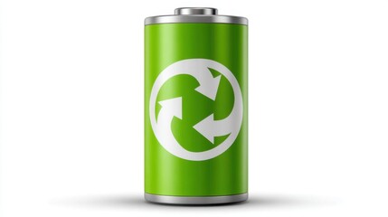 Green Battery with Recycling Symbol on White Background