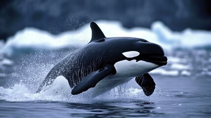 Obraz premium Majestic orca breaching icy waters, a spectacular display of aquatic power