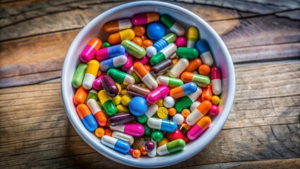 White bowl brimming with colorful pills and capsules, symbolizing medicine use and pharmaceuticals