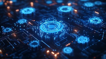 Futuristic Digital Circuit Board with Blue Lights