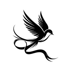 Fototapeta premium Black silhouette vector of a bird flying with a ribbon trail on white background