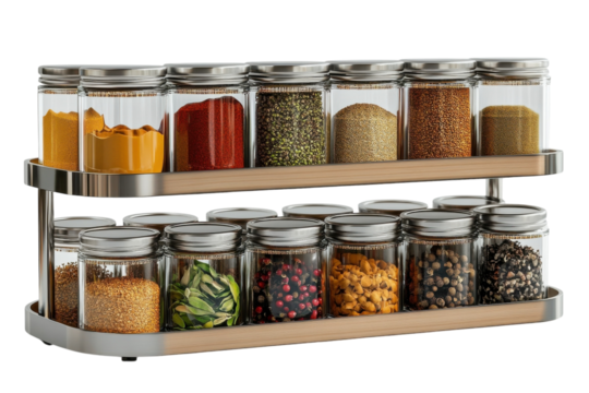 A vibrant two tiered spice rack showcasing an array of colorful spices in clear glass jars neatly organized for easy kitchen access with on transparent background