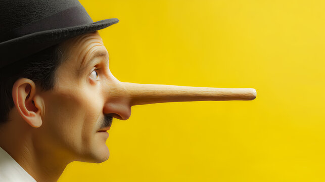 Suspicious-looking man with a long nose, conveying mistrust and the concept of falsehood.