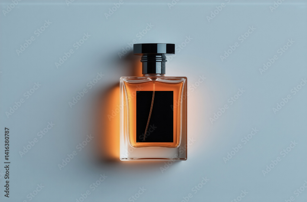 Poster amber perfume bottle on a white background, illuminated from the side, showcasing its rectangular sh