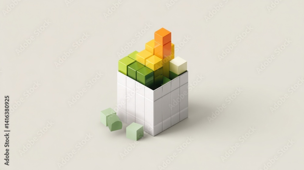 Poster cube featuring rainbow colored structure evolving into a bar chart icon representing data analysis i