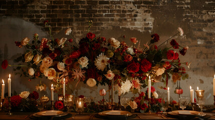 Elegant table setting with floral centerpiece candles and glassware against a brick wall backdrop