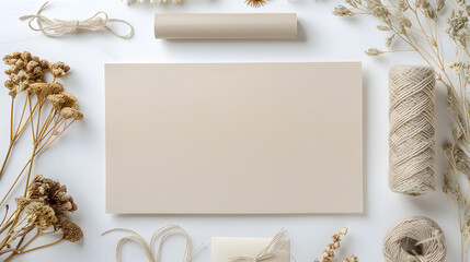 A white background with a blank sheet of paper and a bunch of flowers and twine