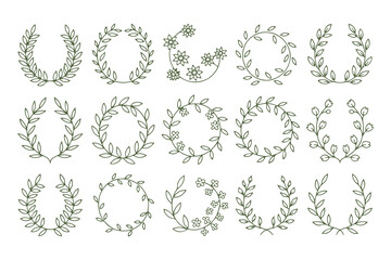 A set of fifteen simple green line art laurel wreaths and floral circles. Elegant botanical frames and decorative elements. © Ha Bib Designs
