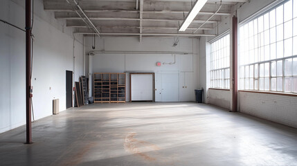 Organized shelves in a spacious warehouse, bathed in natural light. Efficiency meets simplicity in a clean industrial space.
