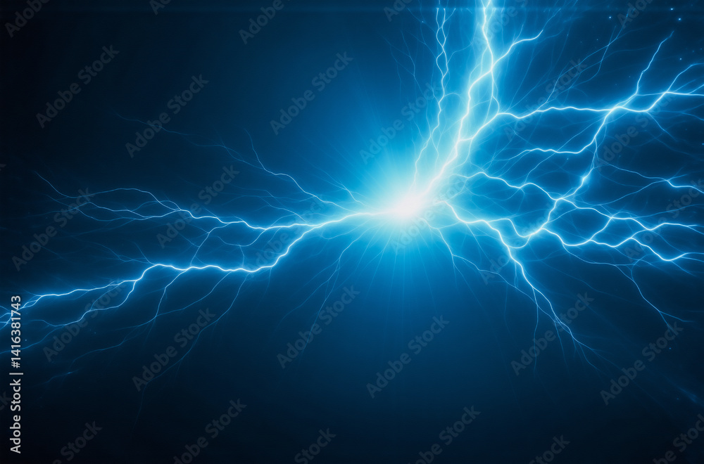 Poster intense blue electric discharge, branching fractal patterns radiate from a bright core against a dar