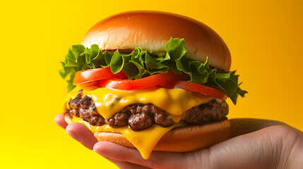A person is holding a hamburger with cheese and lettuce