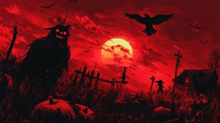 Spooky Halloween night scene with scarecrow, pumpkins, bats, and a crow under a red sky. Perfect for Halloween themes.