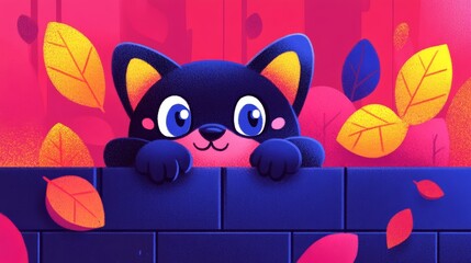 EnchantingPixelatedKittyOverBrickWallAmidstColorfulFallLeavesCaptivatingDigitalArtworkWithWhimsicalAutumnVibesEvokingJoyfulFantasyFeelingsPerfectForSeasonalGreetingsAndPlayfulThemes