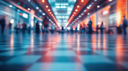 Defocused view of a convention center filled with attendees at a major business or corporate event