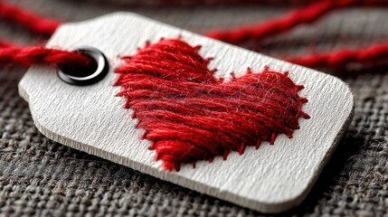 Red thread tied to a white tag cut into heart shape symbolizing emotional branding and connection with customers