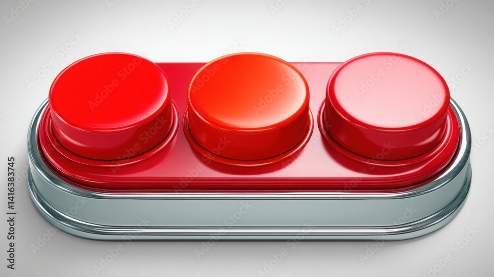 Poster bright red button pushed down on a surface surrounded by unpressed buttons signifying a chosen path 