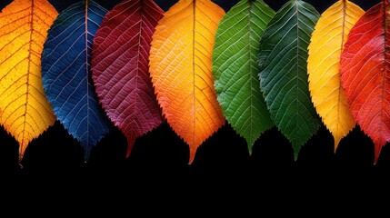 Fototapeta premium Vibrant autumn leaves in a spectrum of colors against a black backdrop. Each leaf displays a rich hue, from vibrant reds and oranges to yellows and greens, creating a visually striking image