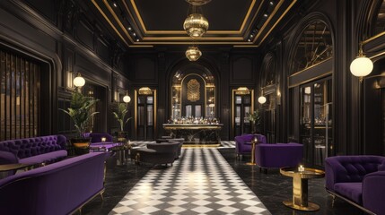 Luxurious, dark-toned lounge area with rich purple accents and gold trim.  High-ceilinged space with a bar,  accent lighting, and plush seating