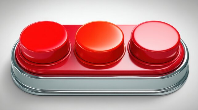 Bright red button pushed down on a surface surrounded by unpressed buttons signifying a chosen path or decision point