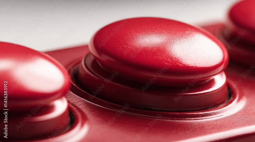 Poster vibrant red game controller featuring distinct button row with one button pushed representing a chos