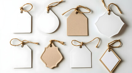 A set of white tags with different shapes and designs. Generated using AI.