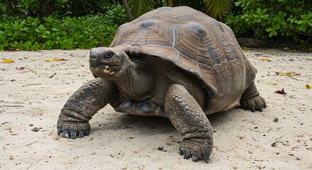 Aldabra Giant Tortoise on Sandy Beach, Seychelles, with Lush Greenery Backdrop