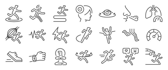 Mindful running icon set. It includes meditation, focus, mindfulness, physical, deep, and more icons. Editable Vector Stroke.