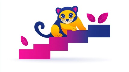 Fototapeta premium Cute cartoon tiger character climbing colorful steps vector illustration adorable feline pet in vibrant shades for design projects with fun animal theme