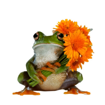 with glassy eyes holding wilted flowers under rain