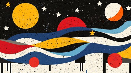 Surreal cosmic landscape with celestial bodies and layered wave elements