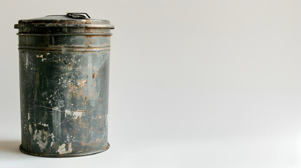 A rusted metal container sits on a white background