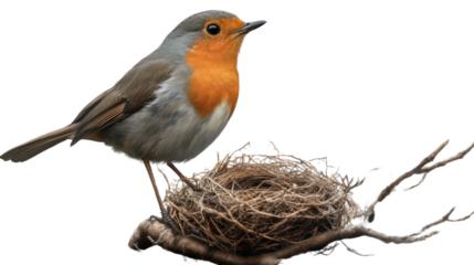 European Robin and Nest: A charming European Robin, known for its vibrant red breast, perched gracefully on a twig beside its meticulously crafted nest, captured in stunning detail.